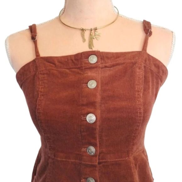 Y2K Brown Clay Boho Sleeveless Button Front Corduroy Mini Dress Large - Picture 2 of 16